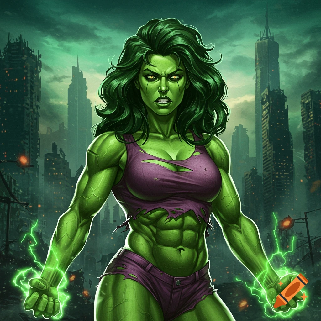 Muscular She-Hulk with green skin and torn purple clothes, glowing green energy on her hands, in a gritty comic book style cityscape.