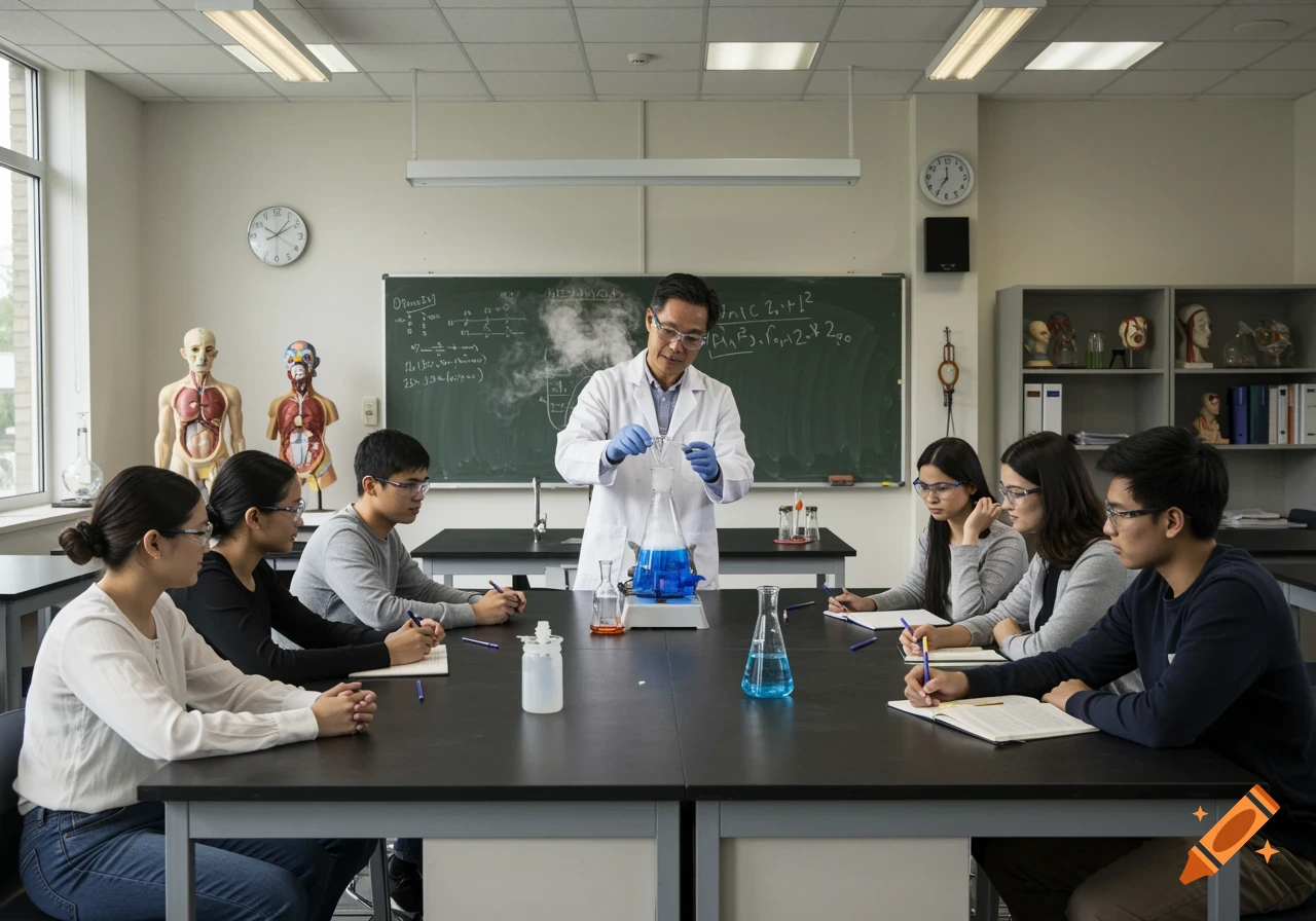 Photorealistic image of a male teacher in a lab coat conducting a steaming blue liquid experiment for students in a bright science classroom.