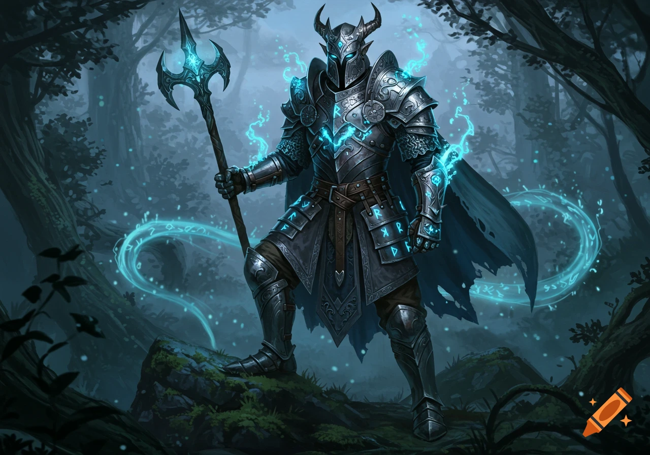 A fantasy warrior in ornate, glowing blue runic armor stands in a mystical forest, holding a staff.
