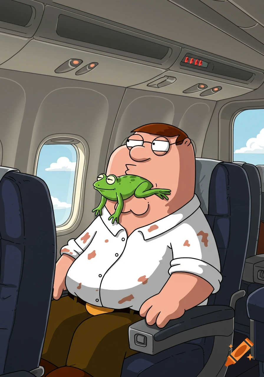 Peter Griffin, a cartoon character, sits on an airplane holding a green frog in his mouth.