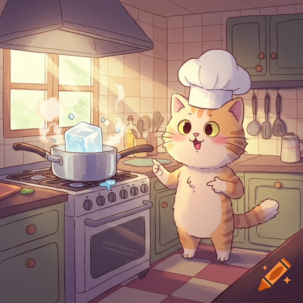 A cute cartoon cat in a chef's hat points to itself while cooking a large block of ice in a pot on a stove in a warm kitchen.