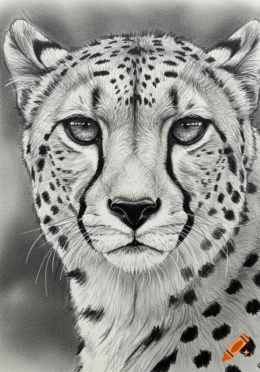 A detailed black and white pencil sketch of a cheetah's face looking directly forward.