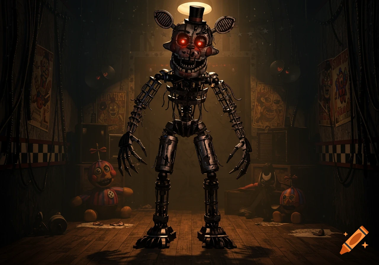 A creepy, skeletal animatronic with glowing red eyes and a top hat stands in a dimly lit, cluttered room with eerie posters and toys.
