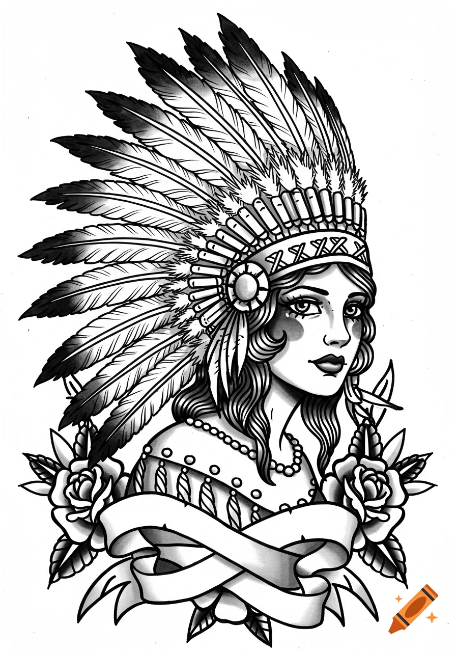 Black and white American traditional tattoo art of a woman wearing a feather headdress with roses and a banner.