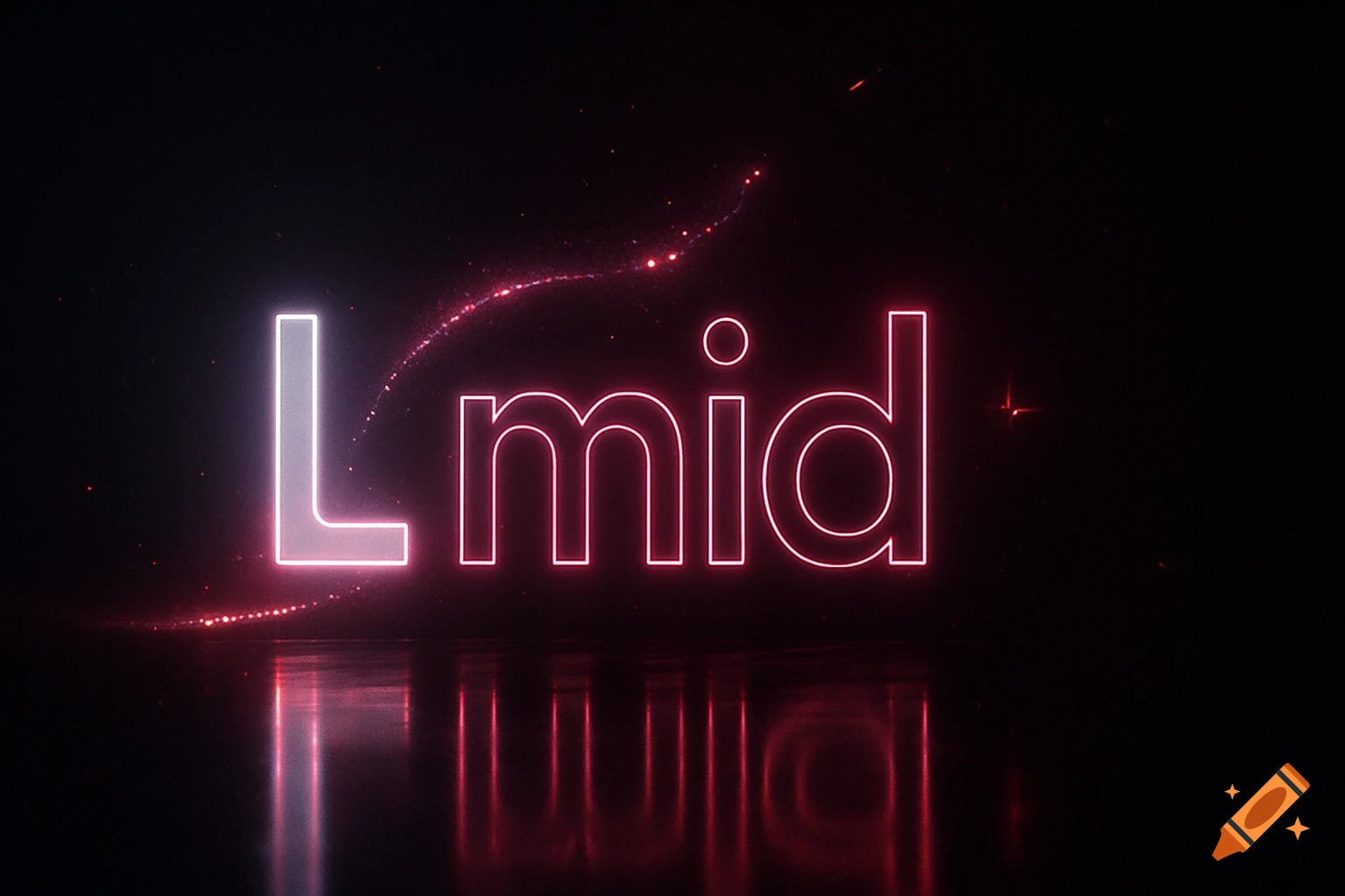 Glowing pink and white neon 'L mid' text reflecting on a dark, glossy surface with particle sparks.