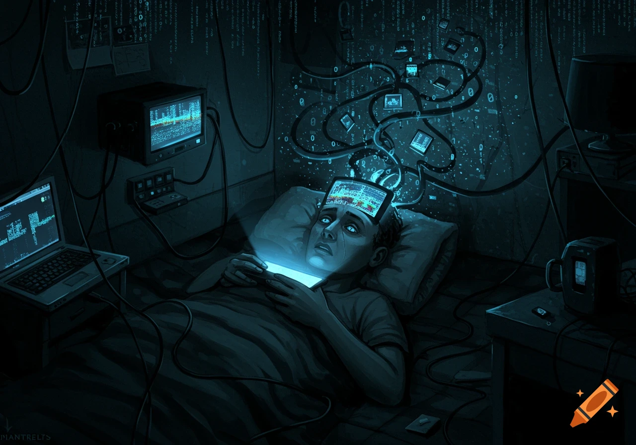 A distressed person lies in bed, surrounded by screens and wires, with data flowing into their head and glowing with blue light.
