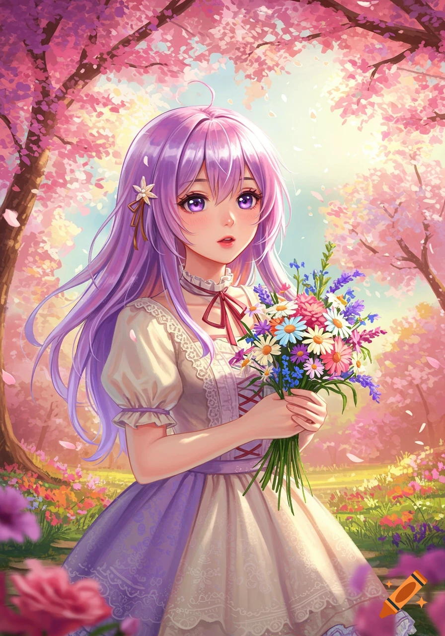 Cute anime girl with long purple hair, wearing a white and purple dress, holds a colorful wildflower bouquet in a bright cherry blossom forest.