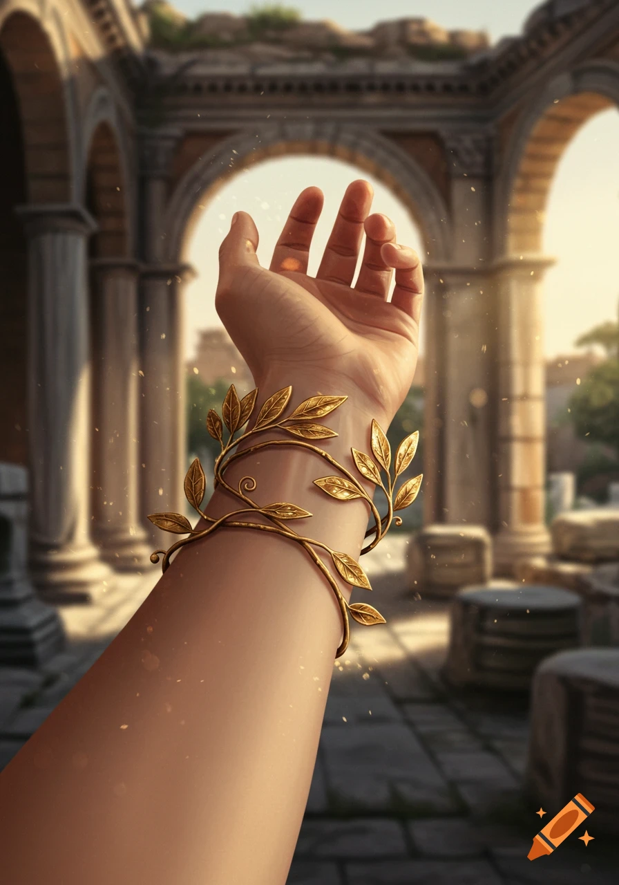 A hand and forearm adorned with a golden Roman wreath bracelet, set against a blurred background of sunlit ancient ruins.