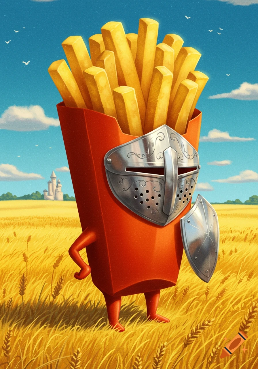 A cartoonish anthropomorphic french fry container with a medieval helmet and shield stands in a golden wheat field, with a castle in the distance.