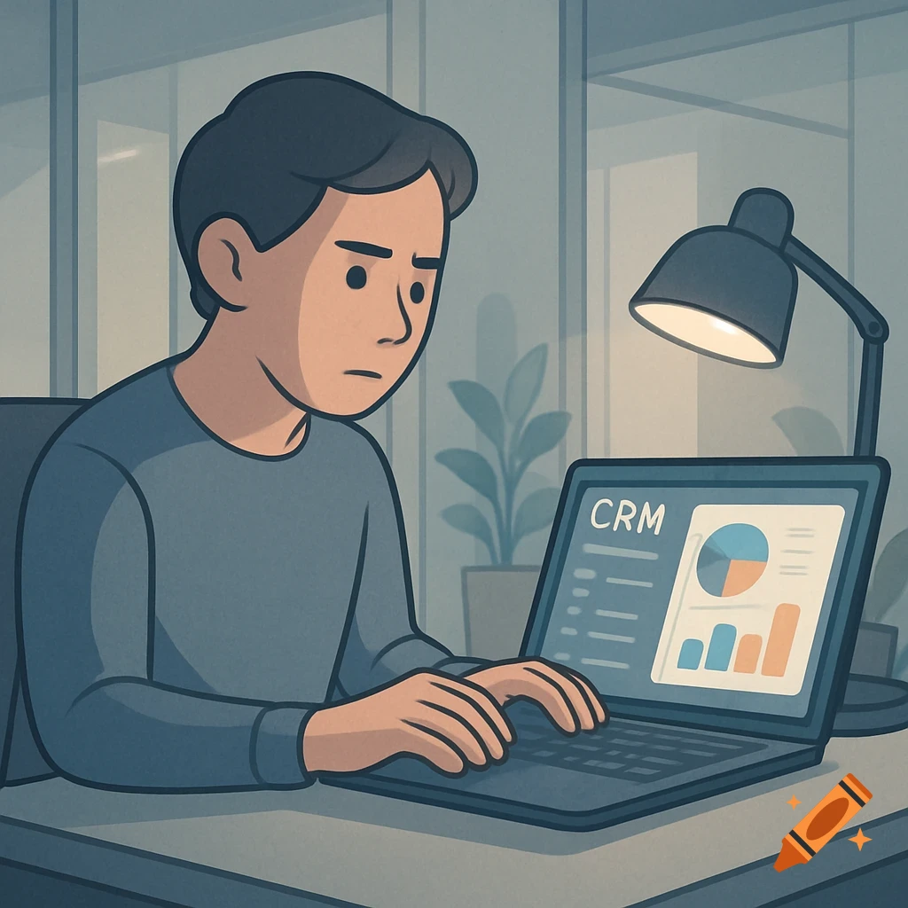 A character-style illustration of an office worker intently using a laptop with CRM software on the screen.