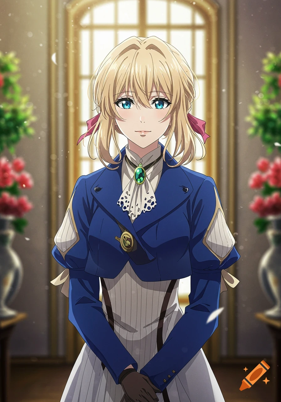 Anime portrait of Violet Evergarden, a blonde woman in a royal blue Victorian coat-dress, with blue eyes, in a bright indoor setting.