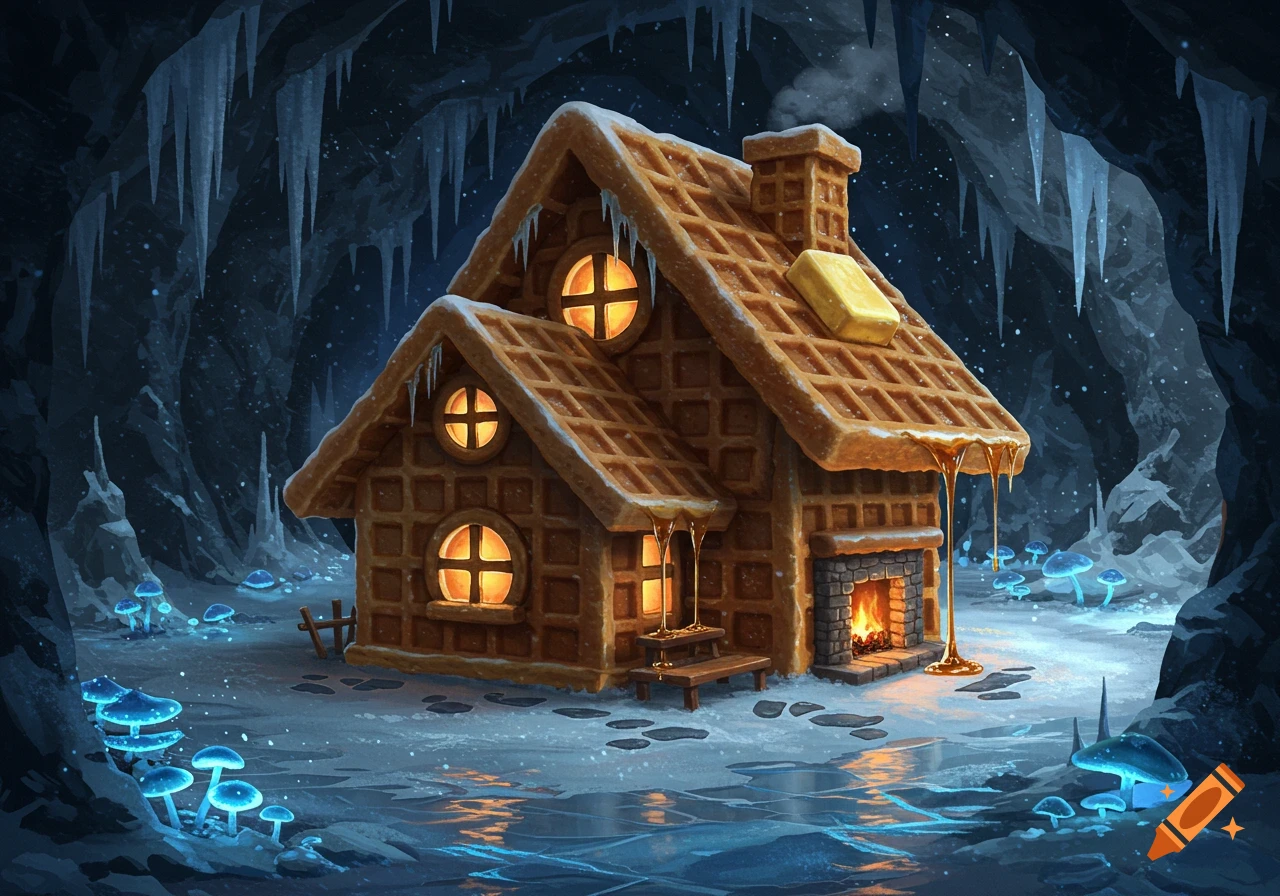 A whimsical waffle house with glowing windows and fireplace, surrounded by icicles and blue glowing mushrooms in a dark, icy cave.