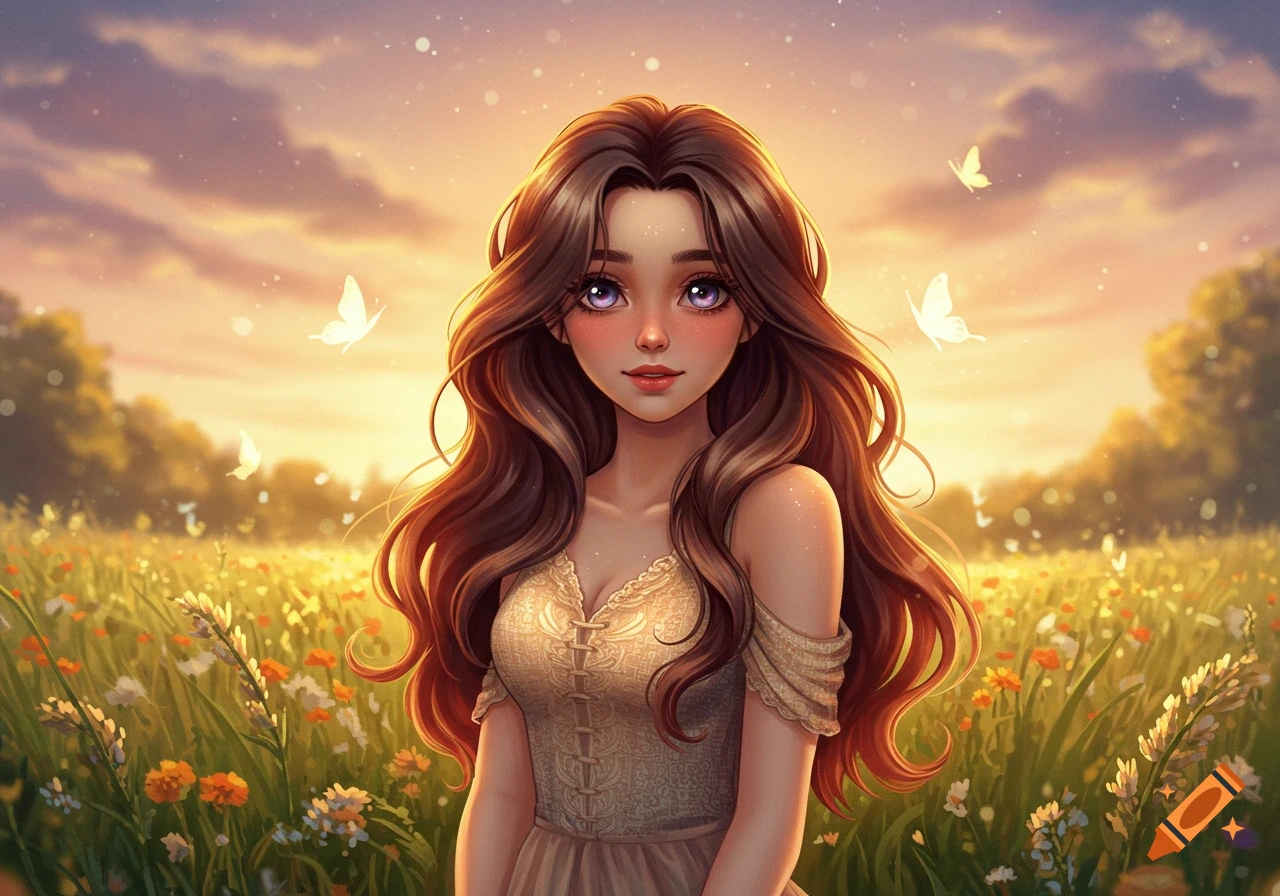 A beautiful cartoon brunette woman with long wavy hair stands in a vibrant field of wildflowers at sunset with butterflies.