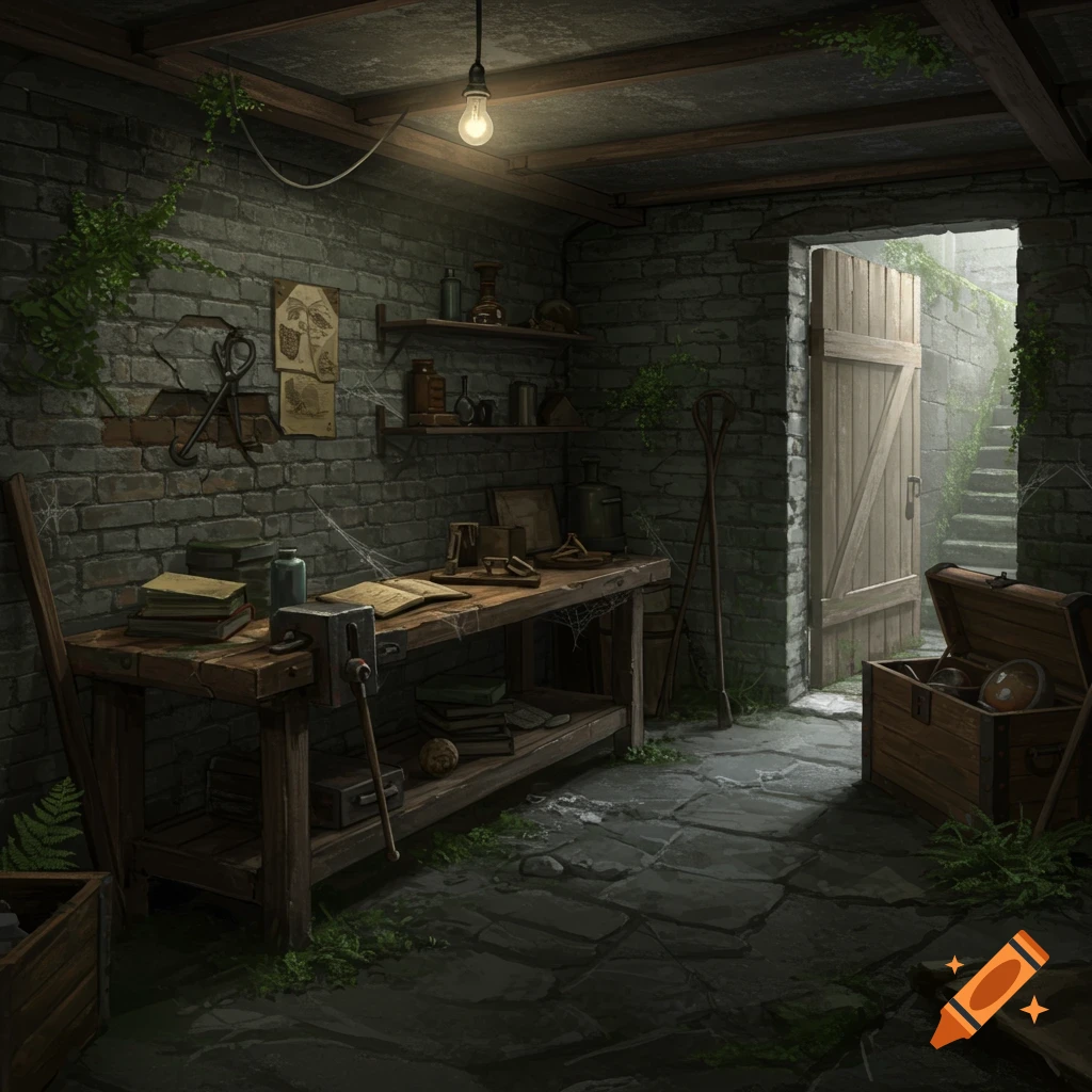 A dimly lit, old stone basement workshop with a wooden workbench, books, tools, and a lightbulb. A door leads to an outdoor stairway.