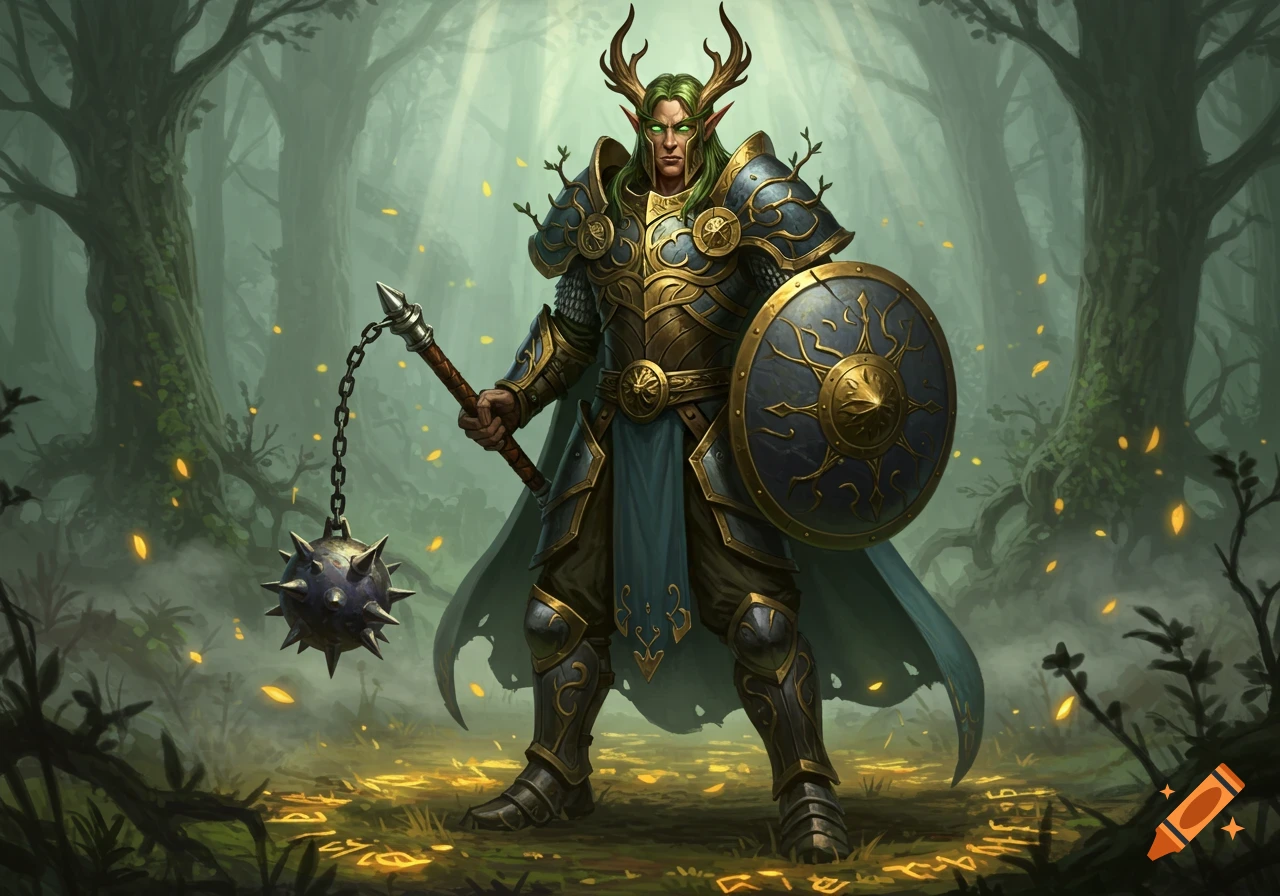 A half wood elf paladin in golden and blue heavy armor holds a flail and shield in a magical forest with glowing runes.