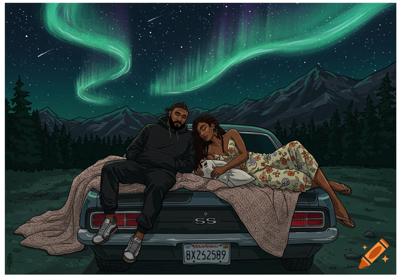 Digital illustration of a Black couple cuddling on a vintage car under aurora borealis and starry mountains at night.