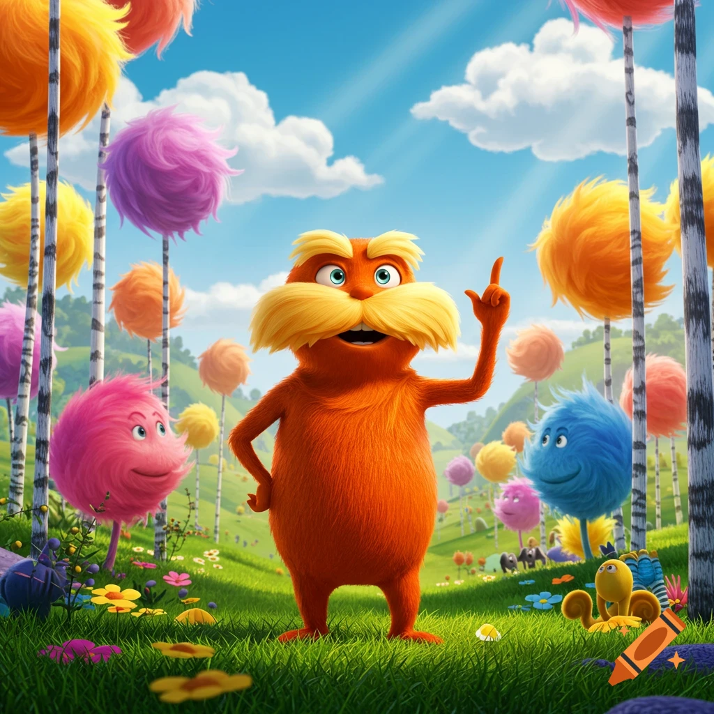 The Lorax stands in a bright, whimsical Truffula tree forest with other fantastical creatures.