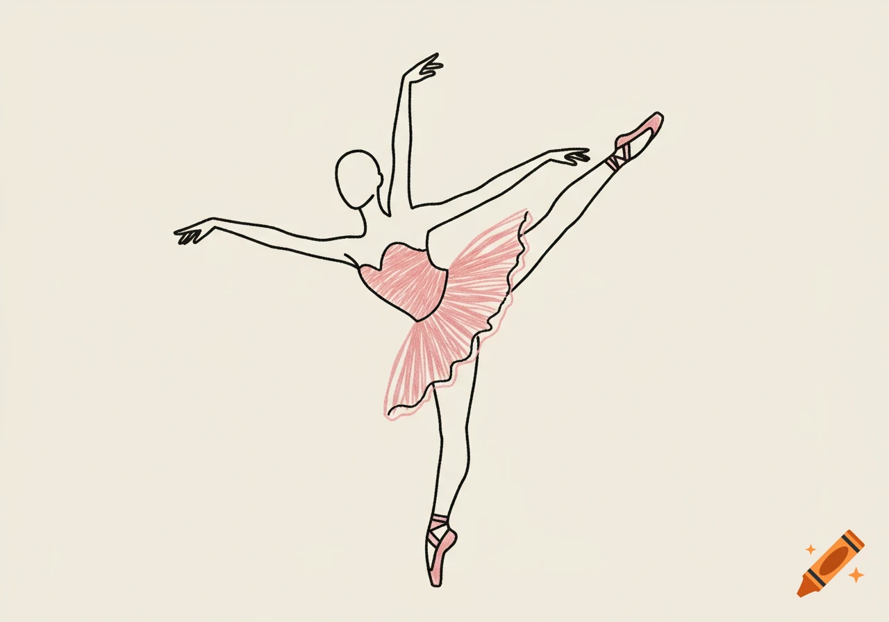 Minimalist line art of a faceless ballerina in a pink tutu performing an arabesque pose.