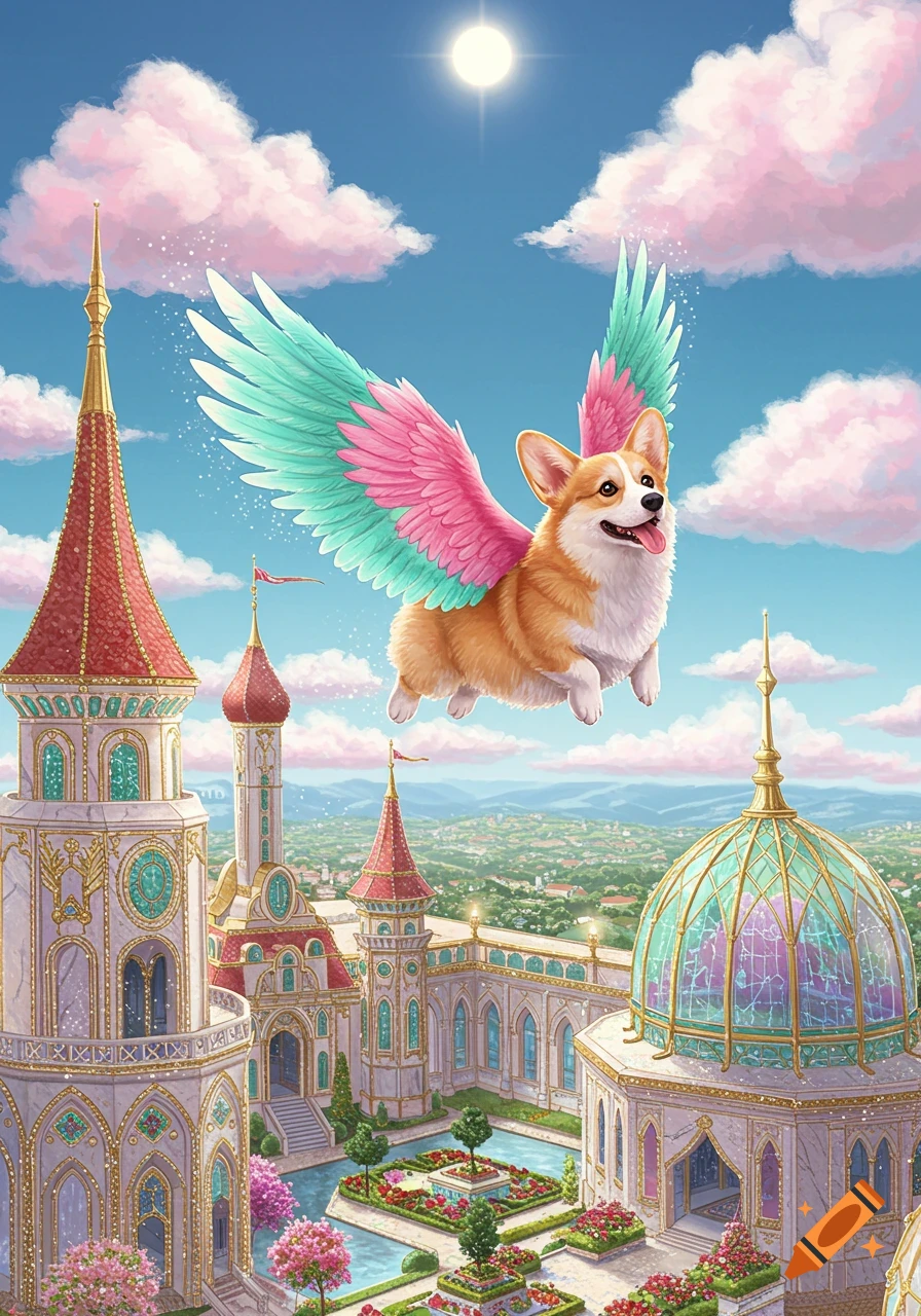 A happy, rainbow-winged corgi flies over an elaborate, ornate fantasy palace with gardens, under a sunny blue sky with pink clouds.