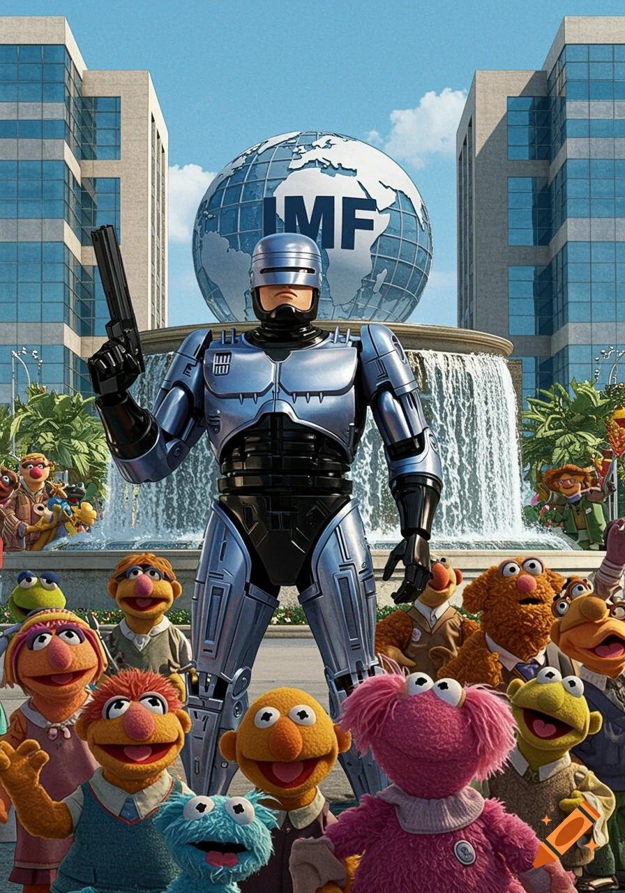 Robocop stands holding a gun in front of the IMF building and a globe, surrounded by various Muppets.