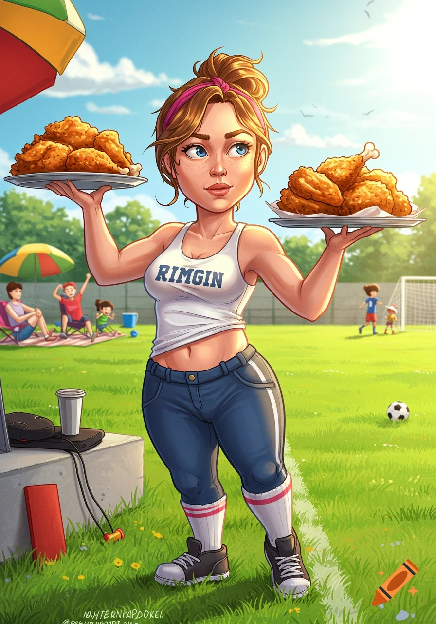 A cartoon woman, dressed like a soccer mom, holds two plates piled high with fried chicken on a sunny green field.