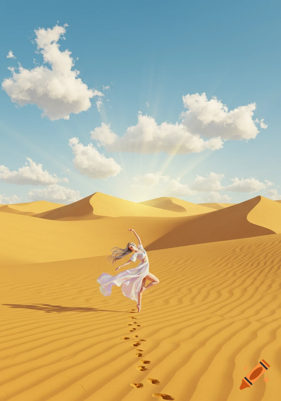 A woman in a white dress dances gracefully on sand dunes in a desert under a sunny blue sky, leaving footprints.