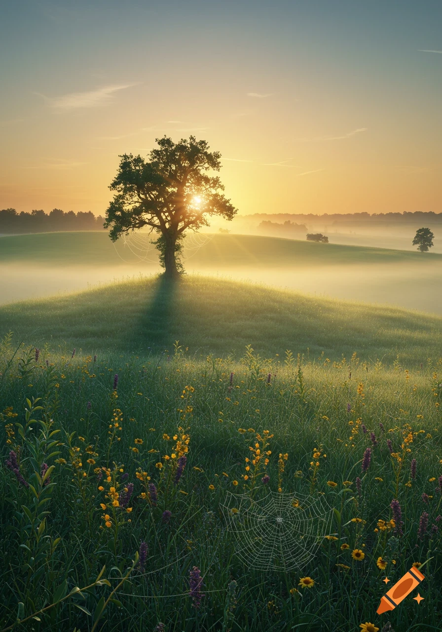 A serene misty field at sunrise, with a lone silhouetted tree on a gentle hill, wildflowers, and spiderwebs in the foreground.