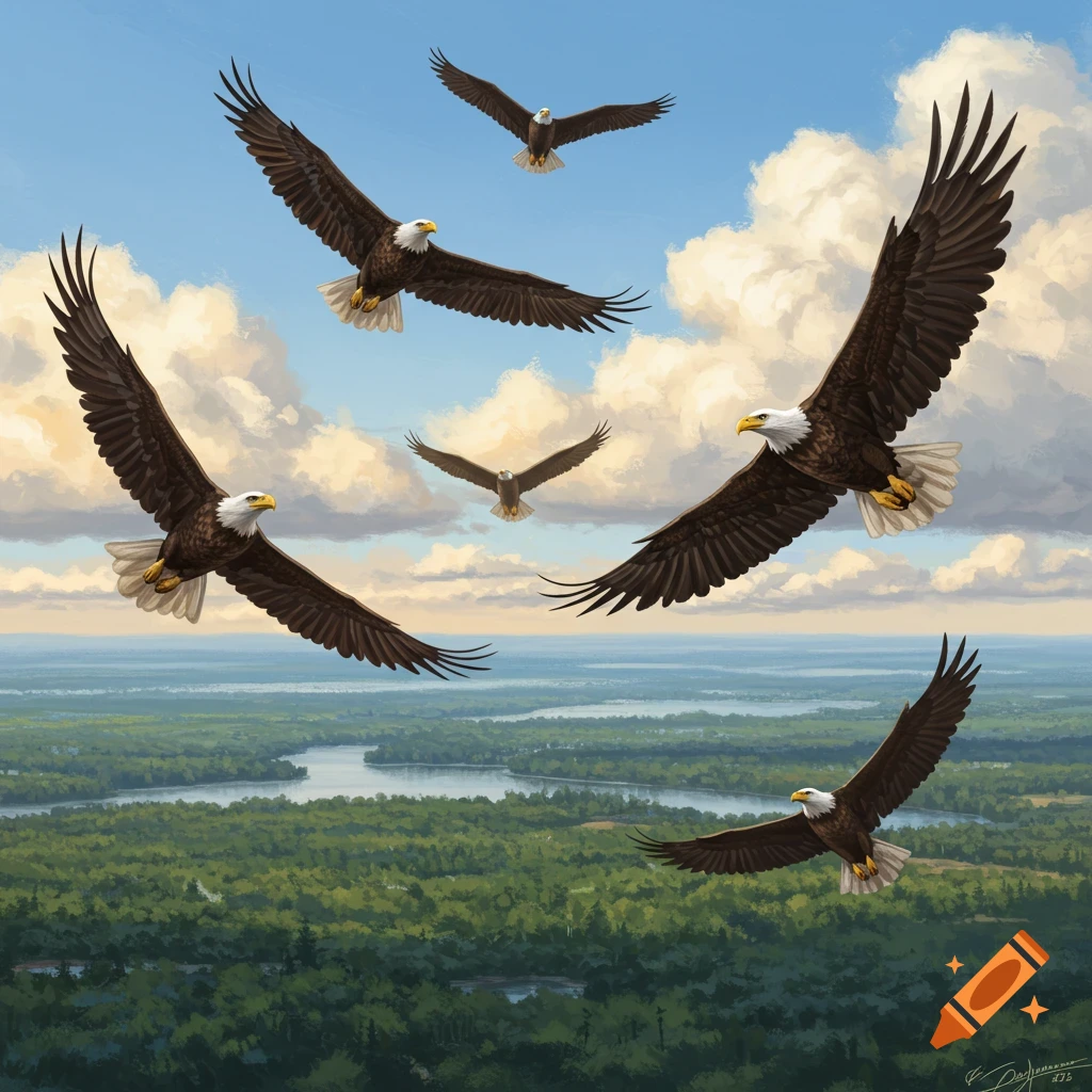 Five bald eagles soar above a lush green forest and winding rivers, under a blue sky with white clouds, in a realistic painting.