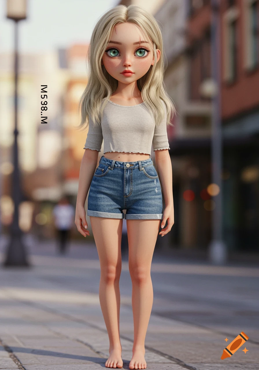 A stylized 3D rendered young woman with blonde hair, green eyes, wearing a gray crop top and denim shorts, standing barefoot on a city street.