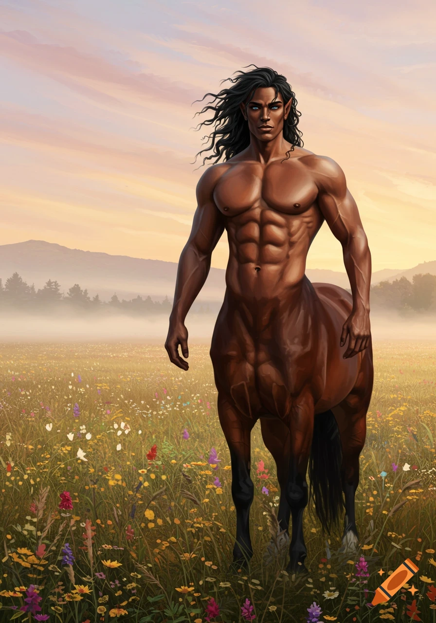 A muscular male centaur with long dark hair stands in a sunlit field of wildflowers with misty mountains under a sunset sky.