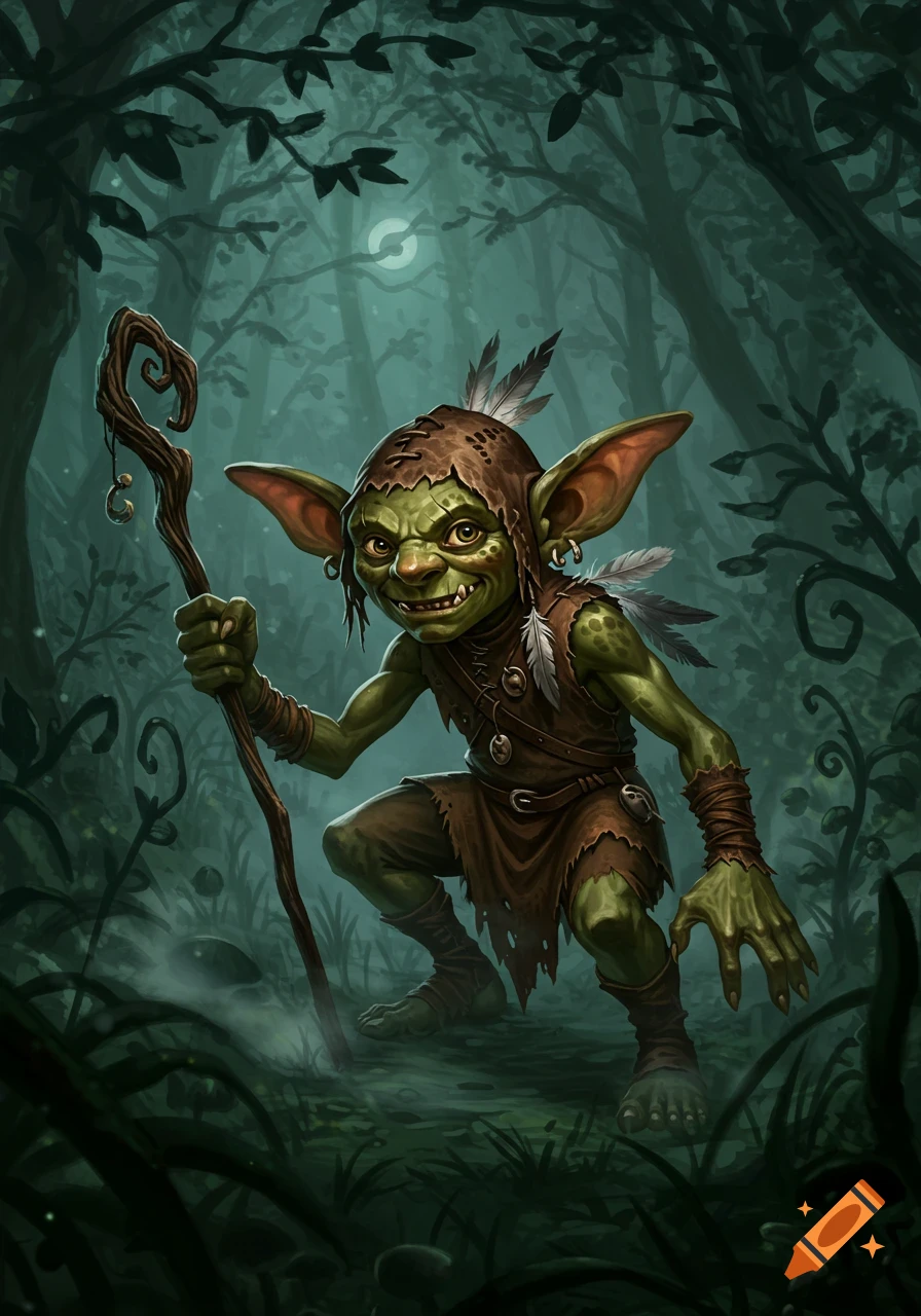 Green-skinned goblin with large ears, wearing a feathered tunic, holding a staff, crouches in a misty dark forest. Fantasy illustration.