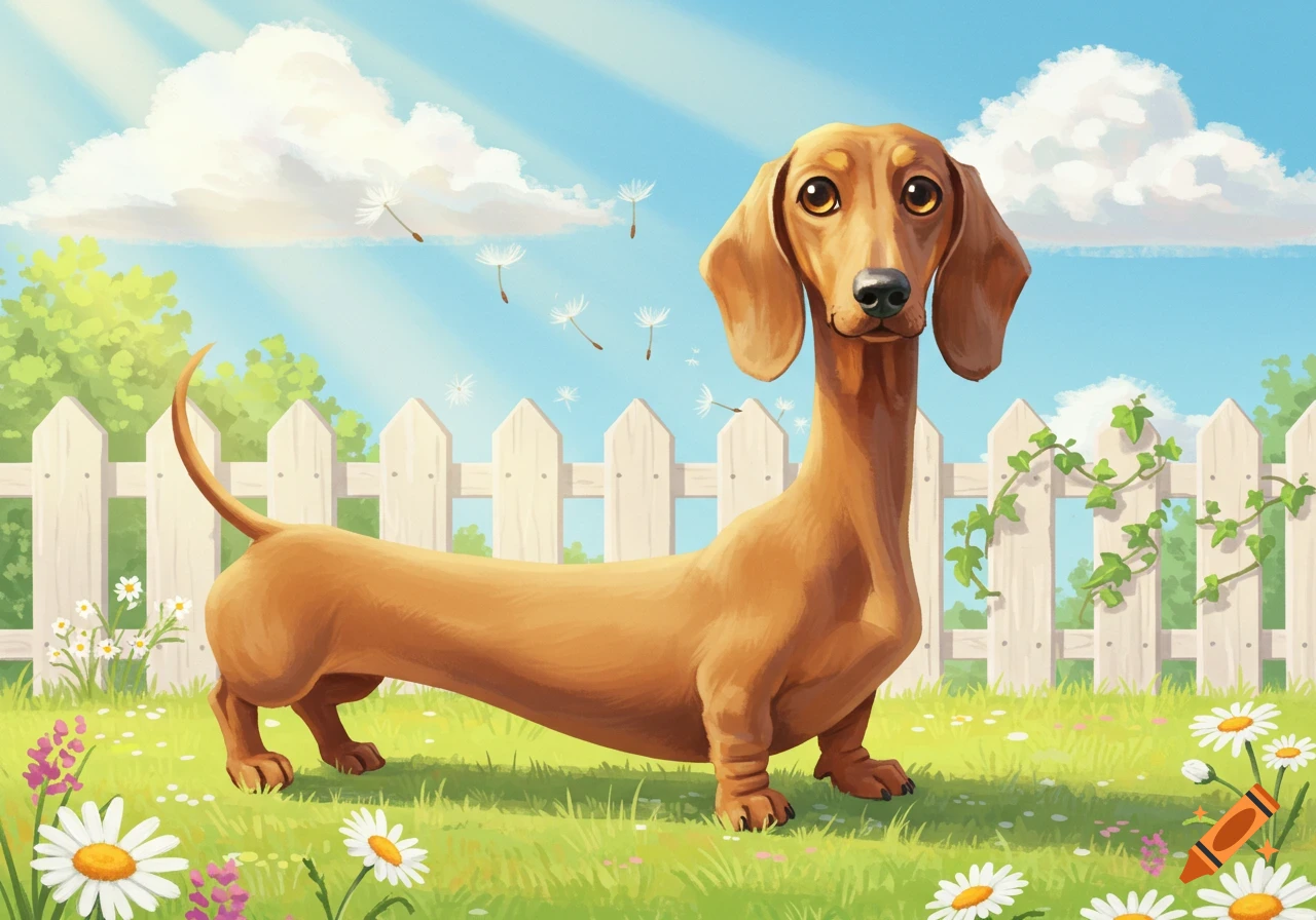 A cartoon dachshund with a very long body and neck stands in a grassy yard with daisies and a white fence under a blue sky.