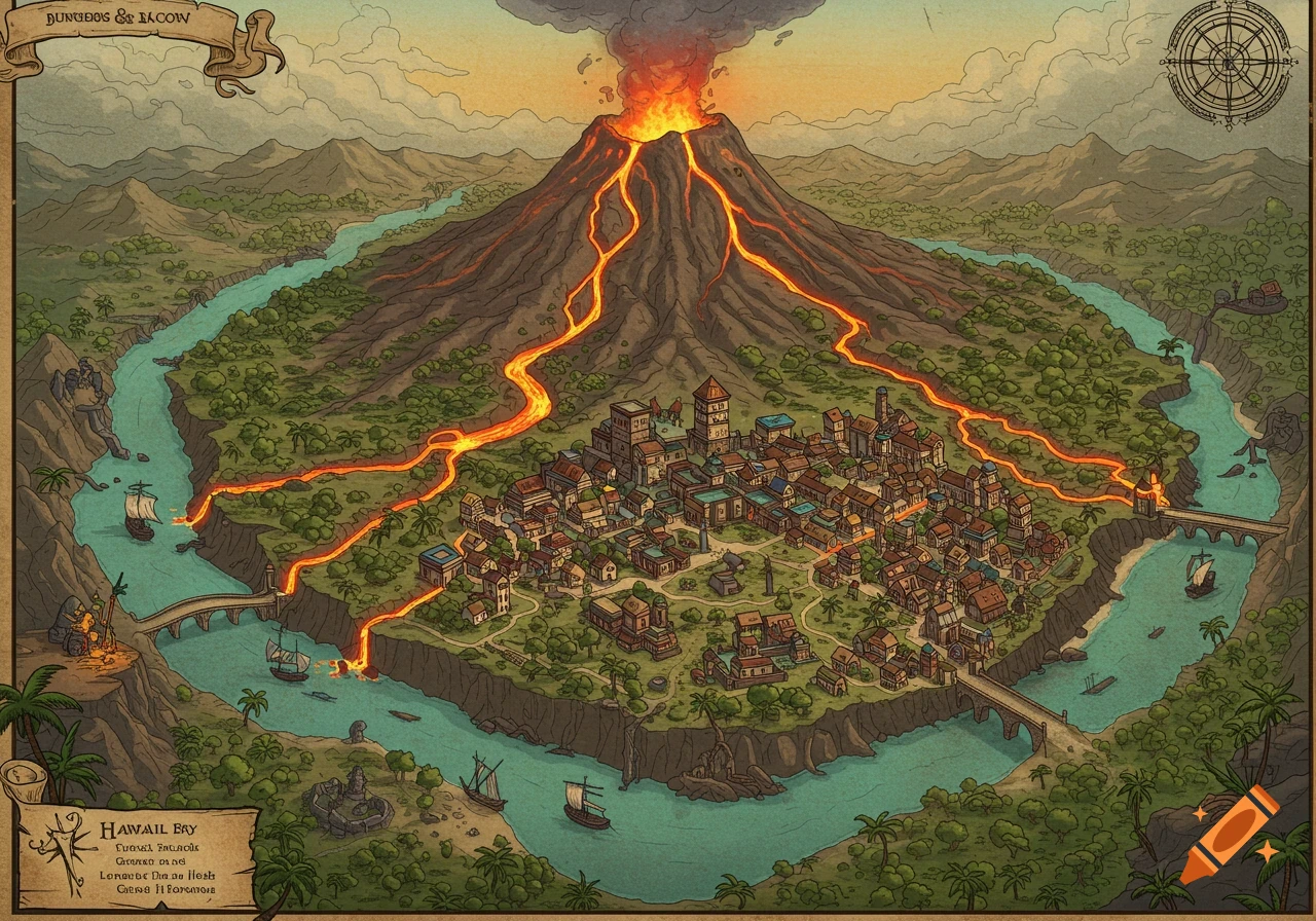 An isometric fantasy map showing a vibrant island with an erupting volcano, lava flows, a bustling city, rivers, ships, and mountains.