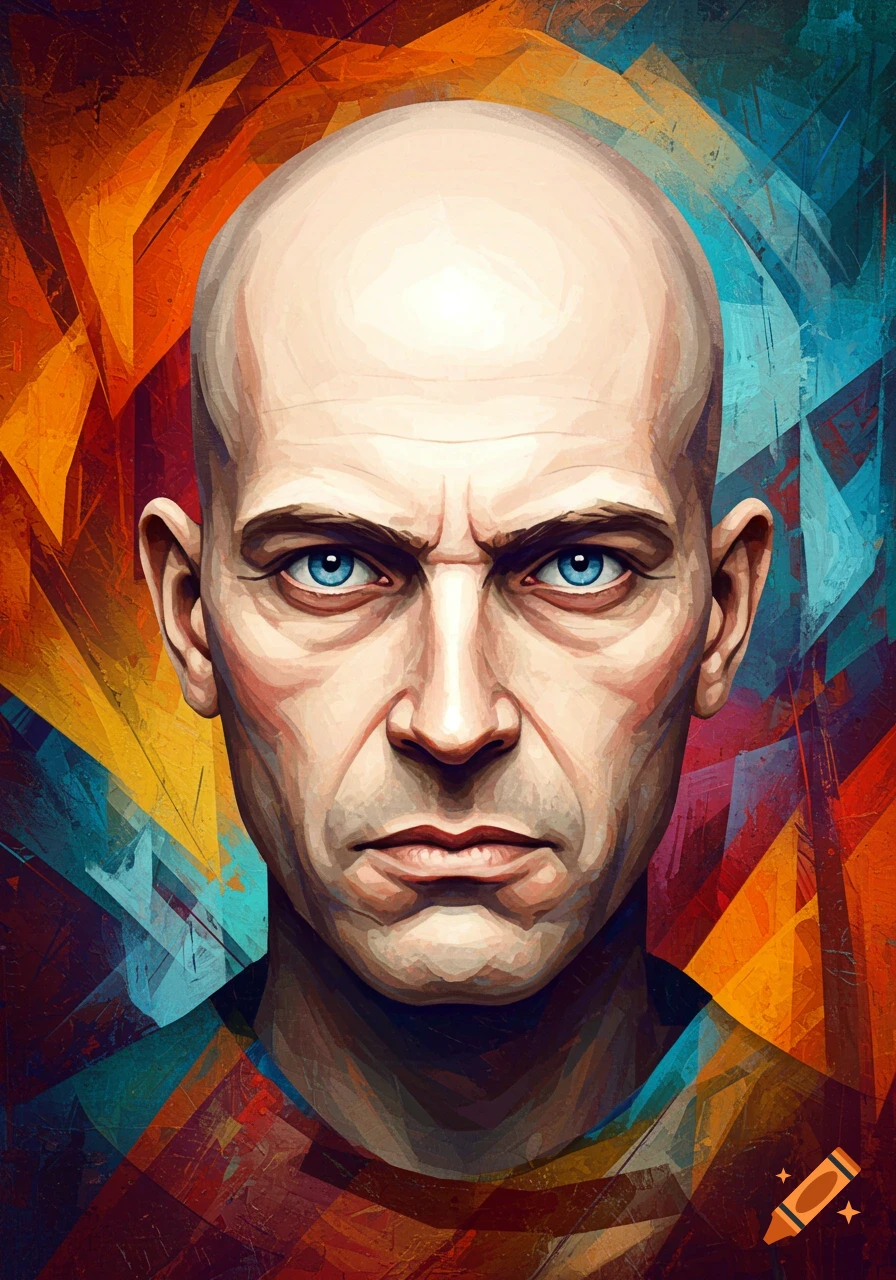 Painting of a stern bald white man with blue eyes glaring, set against a colorful abstract background in a Paul Klee-like style.