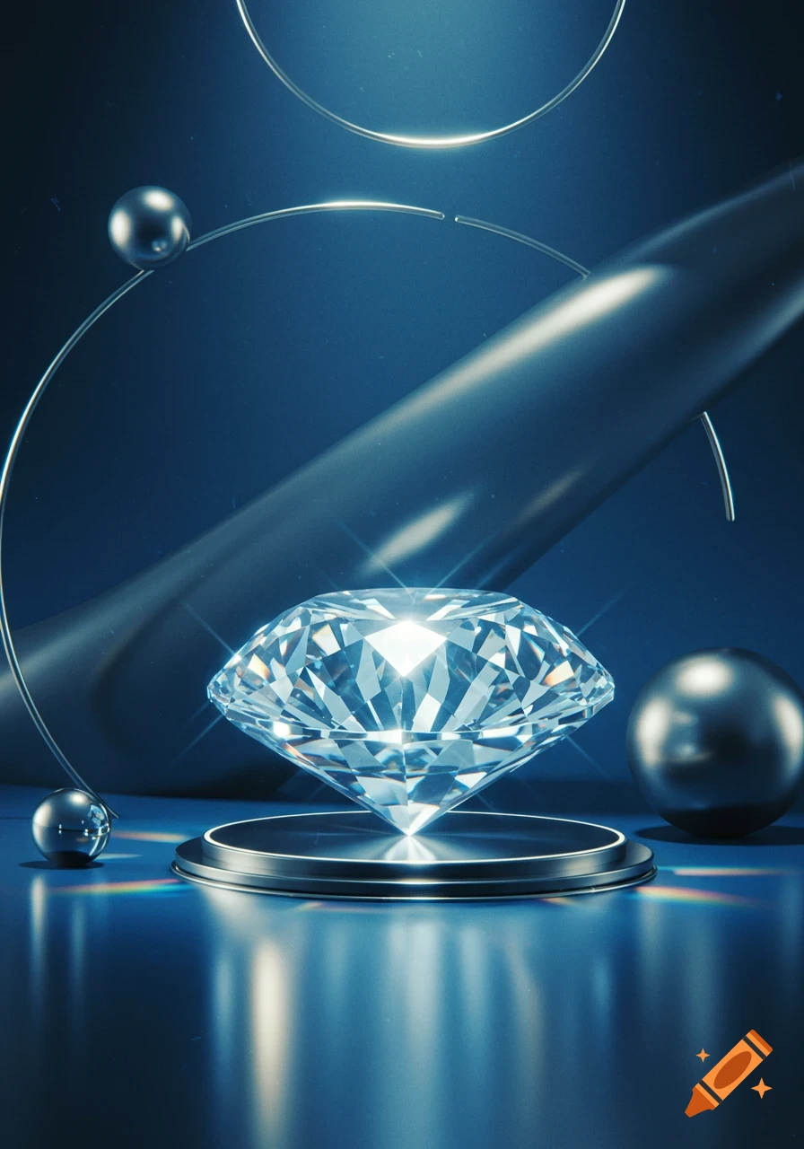 A brilliant cut diamond with sparkling facets sits on a dark circular pedestal, surrounded by reflective spheres and abstract metallic rings, all against a deep blue background with glowing highlights.