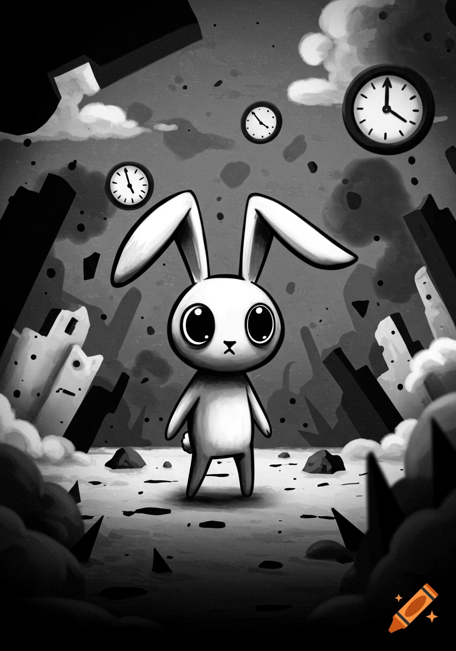 A monochromatic illustration of a wide-eyed bunny standing in a desolate, surreal landscape with floating clocks and debris.