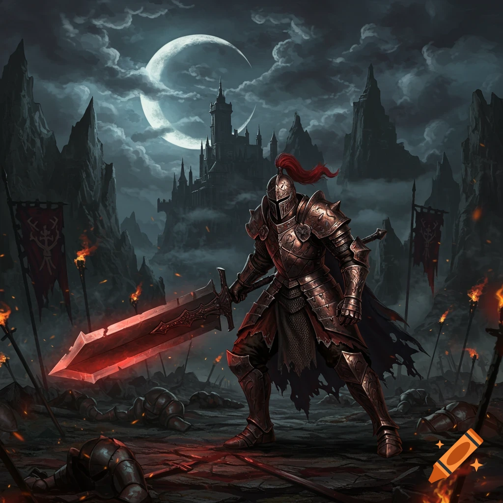 A knight in dark armor holding a glowing red sword stands on a desolate battlefield under a crescent moon with a dark castle. Dark fantasy art.