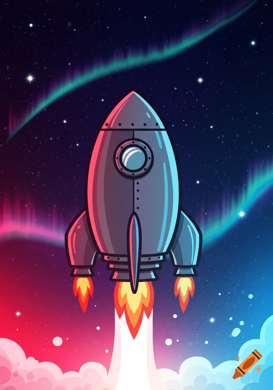 A vibrant cartoon rocket launches into a starry space sky with a colorful aurora borealis and pink and blue hues.