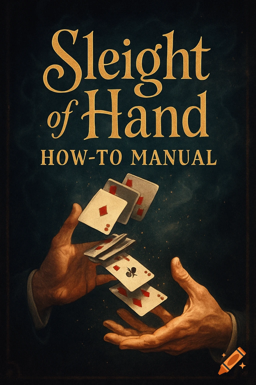 A vintage-style poster cover for 'Sleight of Hand How-To Manual' showing two hands and several floating playing cards on a dark background.