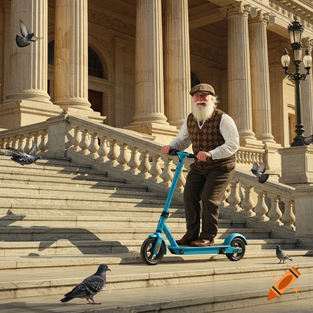 Photorealistic image of an old man with a white beard and flat cap riding a blue electric scooter down grand stone steps, with pigeons flying and on the ground.