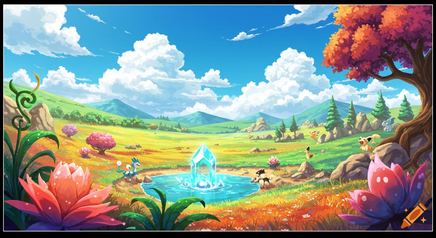 Vibrant anime landscape with lush fields, mountains, a glowing crystal pond, and small cartoon creatures among colorful flowers and trees.