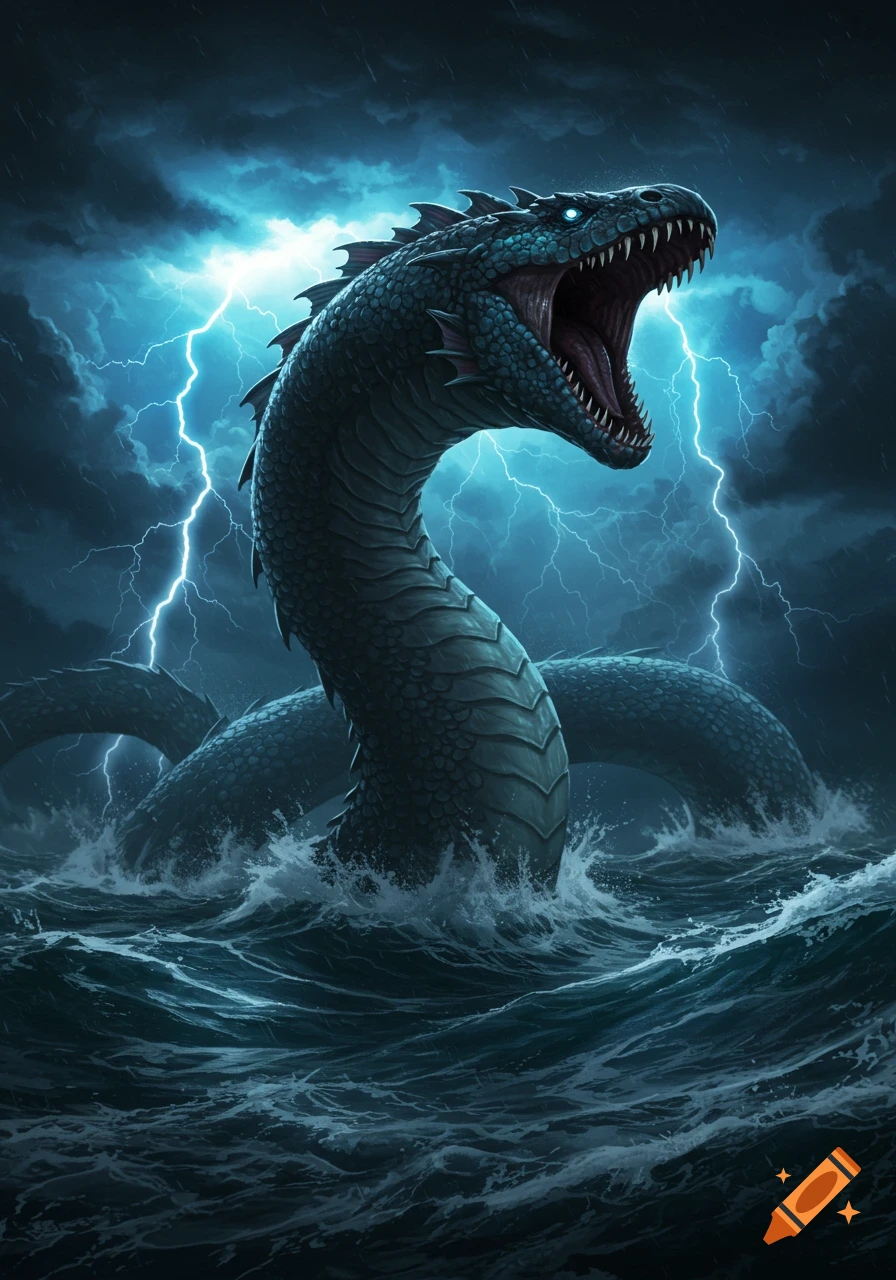 A massive teal sea serpent with glowing eyes roars from stormy dark waters, illuminated by bright lightning in the background.