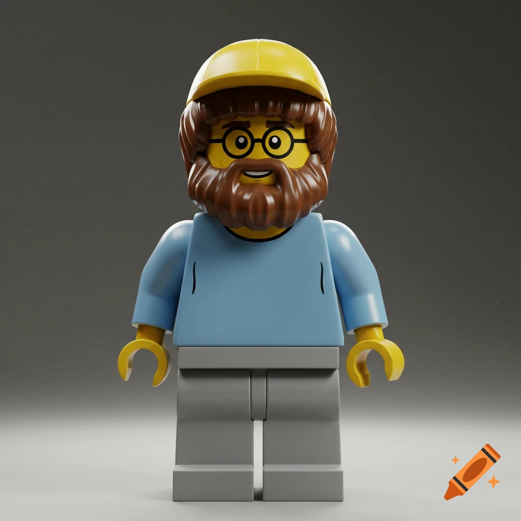 A Lego minifigure with a brown beard, yellow cap, and glasses wears a light blue t-shirt and light gray pants, standing against a gray background.
