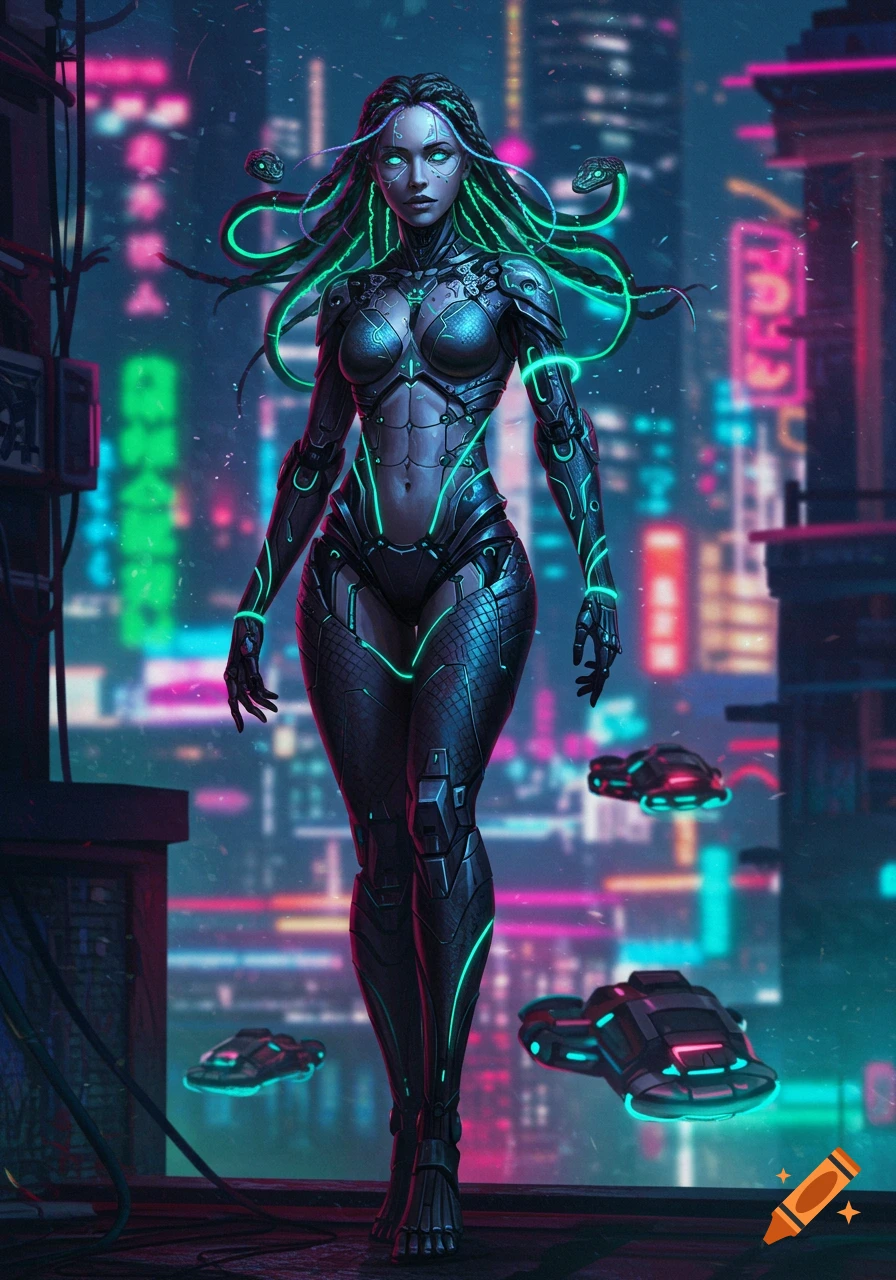 A cyberpunk woman in a robotic suit with green neon lights and snake-like hair stands in a neon-lit futuristic city at night. Digital art.