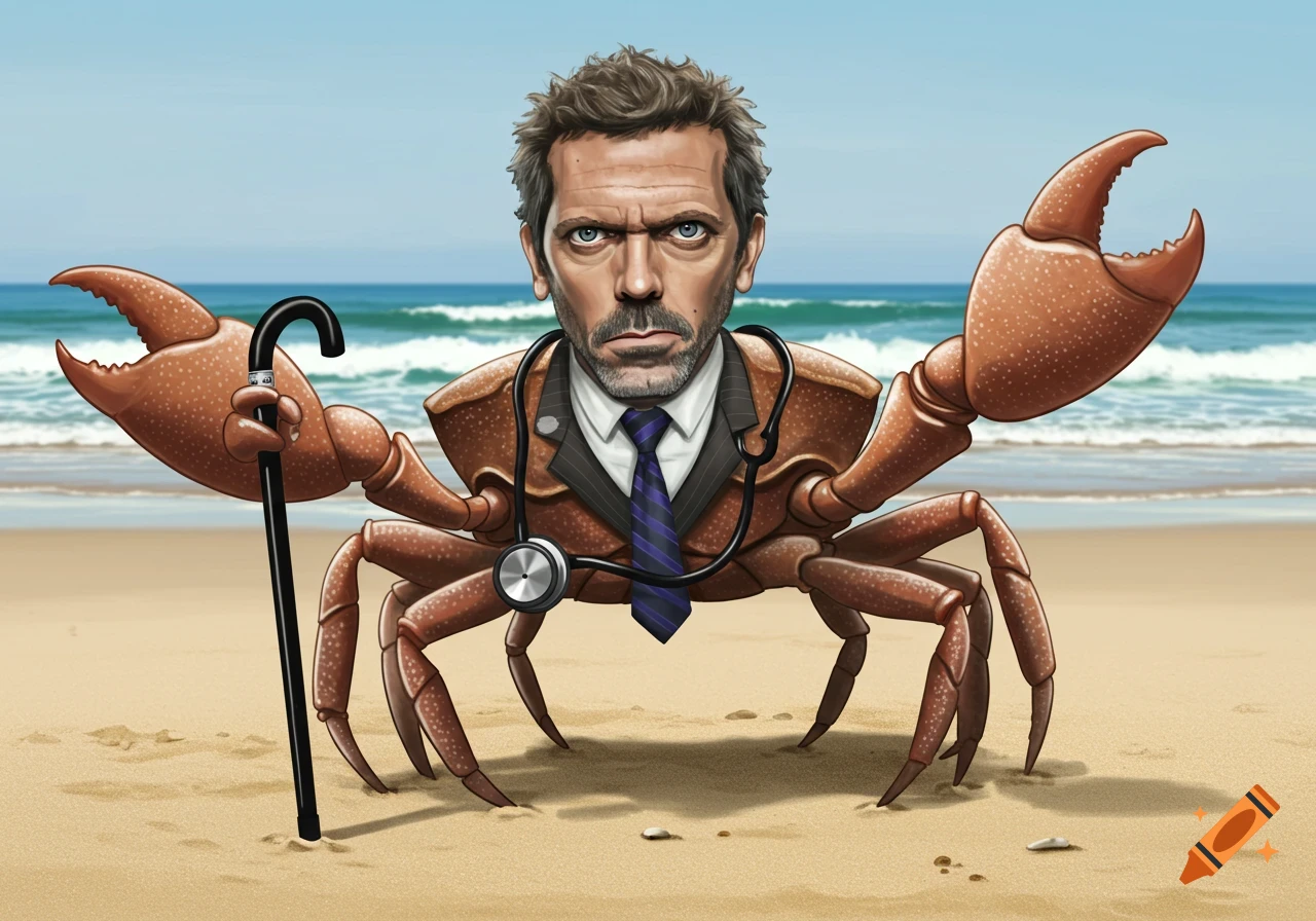 Caricature of Dr. House as a crab holding a cane on a sunny beach with the ocean behind him.