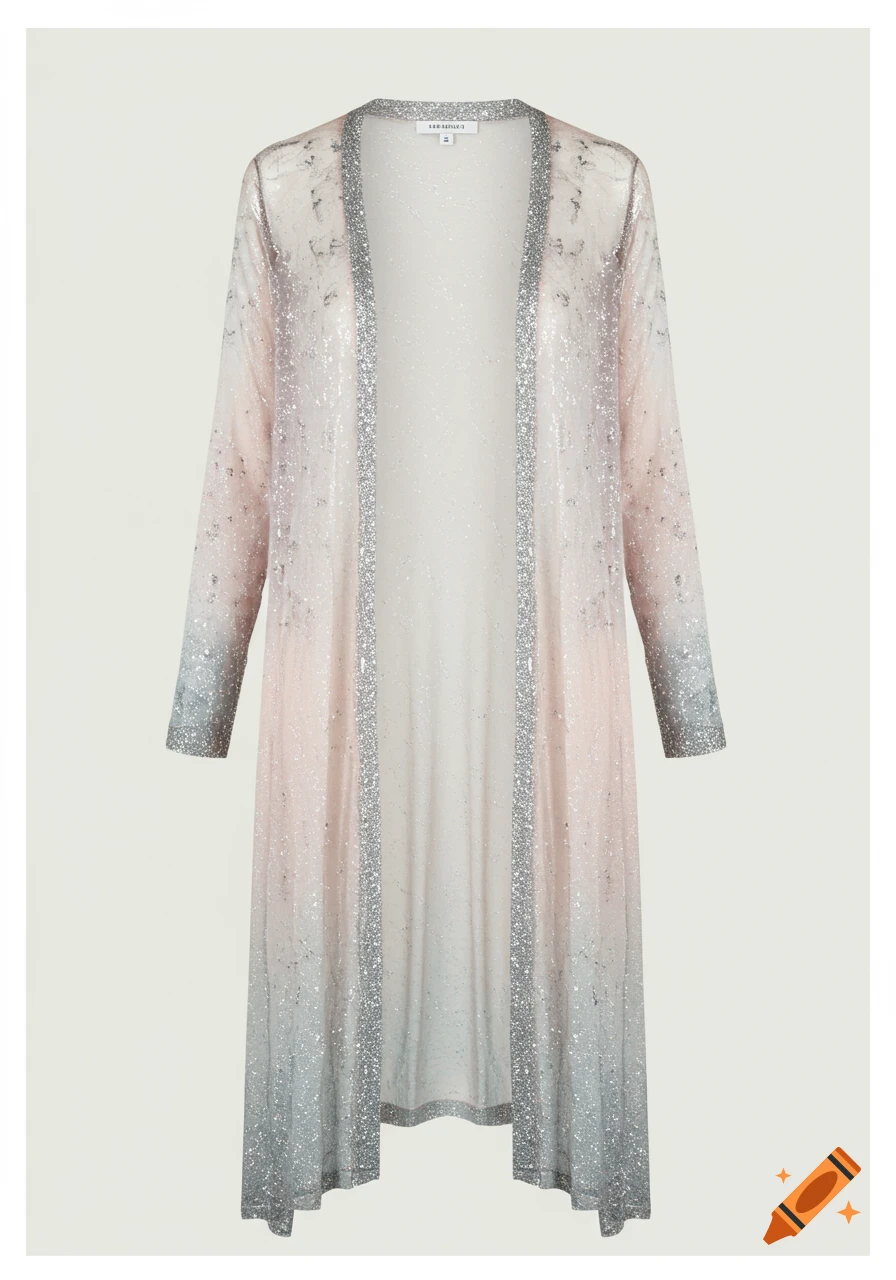 A light pink and silver glitter-covered long cardigan with a gradient from pink to grey on the sleeves and hem.