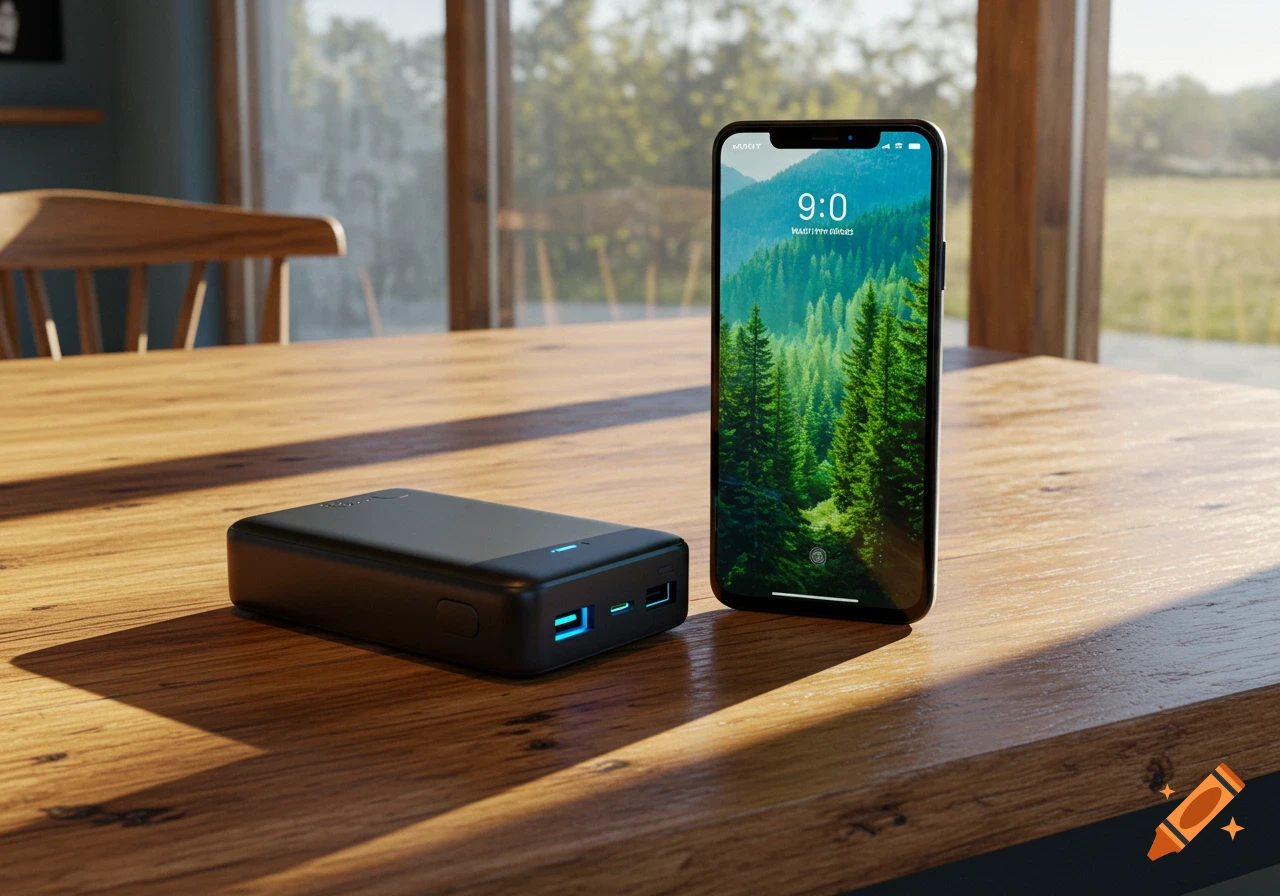 A black portable charger lies beside a smartphone displaying a forest wallpaper on a wooden table with a sunlit outdoor view.