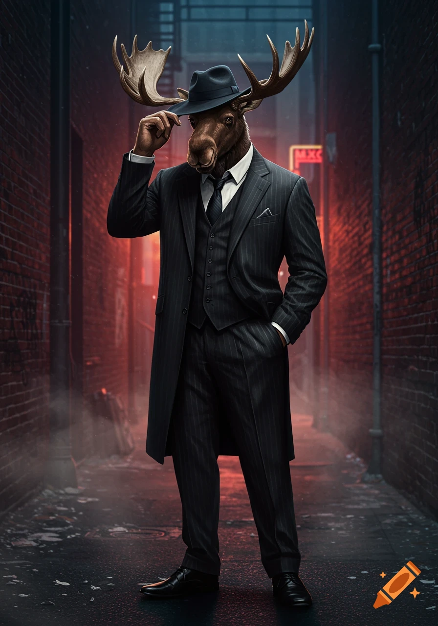 A bipedal moose wearing a pinstripe gangster suit and fedora tips its hat in a dark, foggy alley.