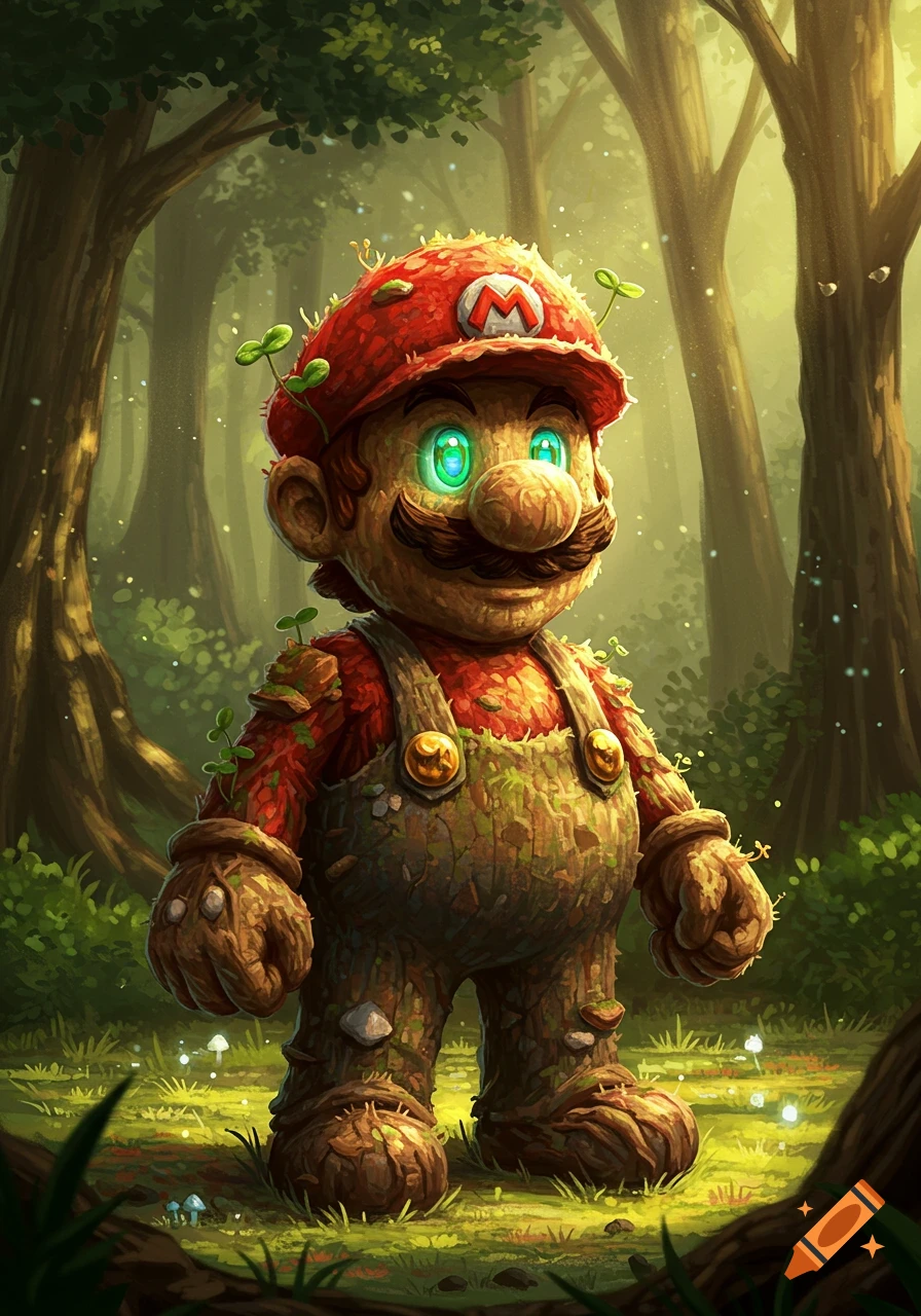 A nature-themed Mario, made of bark and moss with glowing green eyes, stands in a mystical, lush forest.