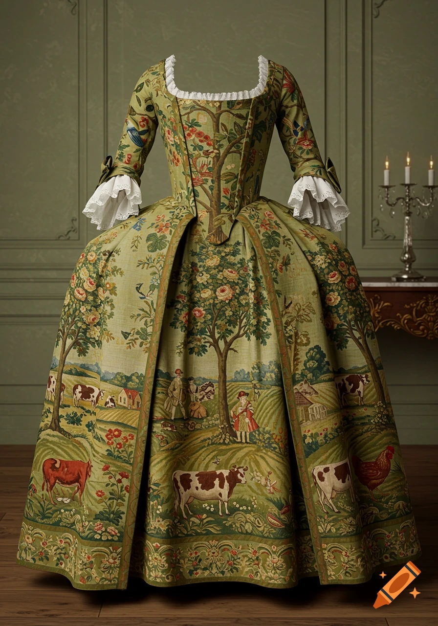 A 1770s-style olive green dress featuring a pastoral landscape pattern with trees, flowers, cows, and figures, against a green wall.